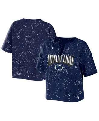 Women's Wear by Erin Andrews Navy Penn State Nittany Lions Bleach Wash Splatter Cropped Notch Neck T-shirt