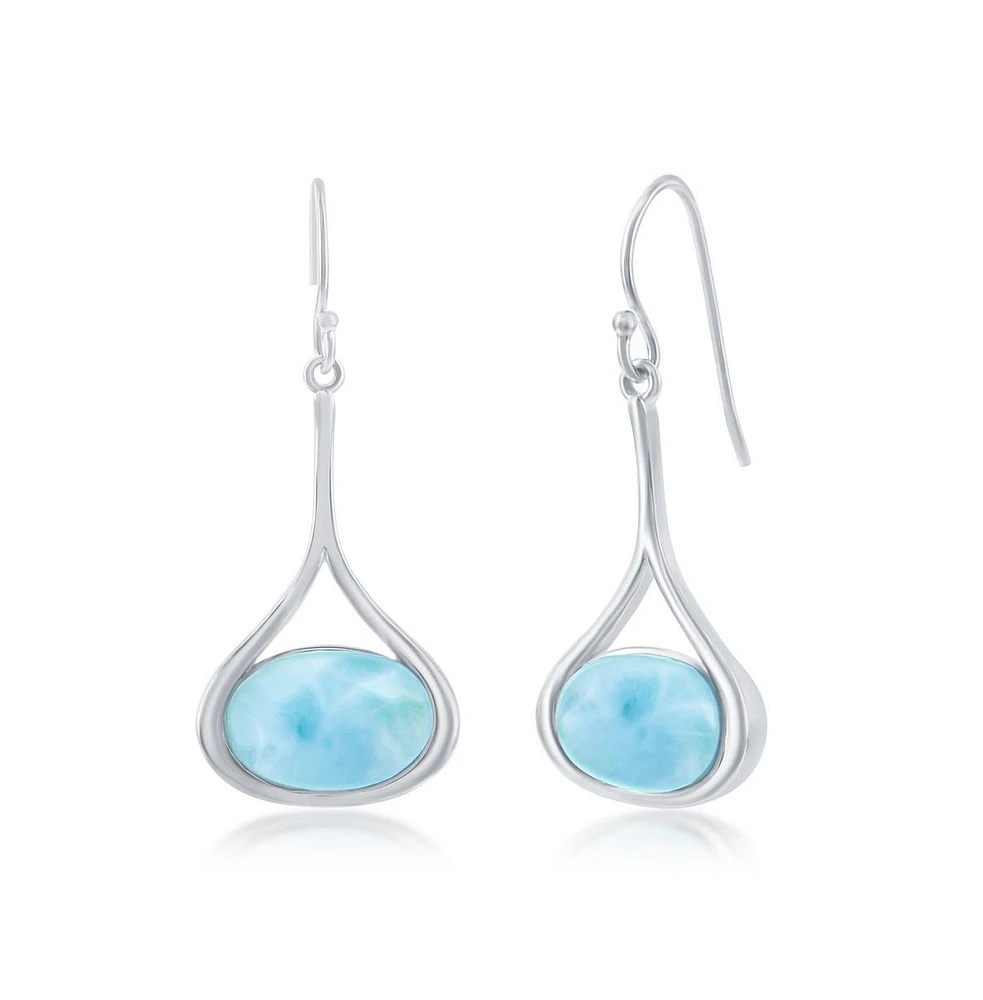 Sterling Silver Long Oval Larimar Dangling Earrings