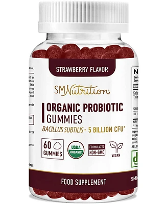 Sm Nutrition Organic Adult Probiotics Gummy | 5 Billion Cfu Adult Gummy Probiotics for Digestive Health & Immune Support | Bacillus Subtilis Strawberr