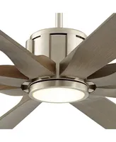 Possini Euro Design 70" Defender Modern Large Outdoor Ceiling Fan with Led Light Remote Control Brushed Nickel Weathered Oak Blades Dimmable Damp Rate