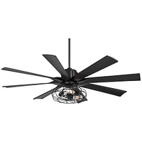 Possini Euro Design 60" Defender Modern Industrial Indoor Ceiling Fan with Led Light Remote Control Matte Black Metal Cage for Living Kitchen House Be