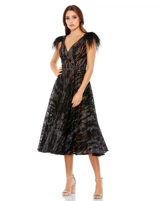 Mac Duggal Women's Embellished Feather Cap Sleeve Dress