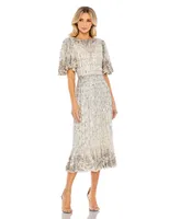 Women's Sequin Flounce Sleeve Midi Dress