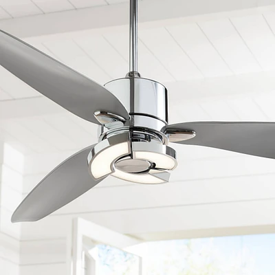 Possini Euro Design 56" Vengeance Modern 3 Blade Indoor Ceiling Fan with Led Light Remote Control Chrome Silver White Diffuser for Living Kitchen Hous