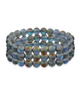 Bling Jewelry Set Of 3 Rainbow Iridescent Created Moonstone Round Bead 8MM Stacking Strand Stretch Bracelet For Women Men Teen Unisex