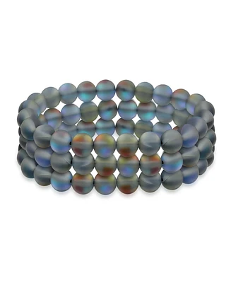 Bling Jewelry Set Of 3 Rainbow Iridescent Created Blue Synthetic Moonstone Round Bead 8MM Stacking Strand Stretch Bracelet For Women