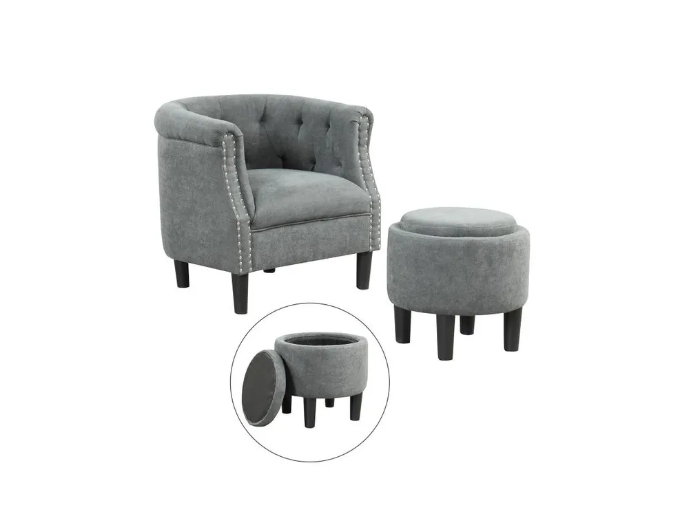 Modern Accent Chair with Ottoman Armchair Barrel Sofa Chair and Footrest-Grey