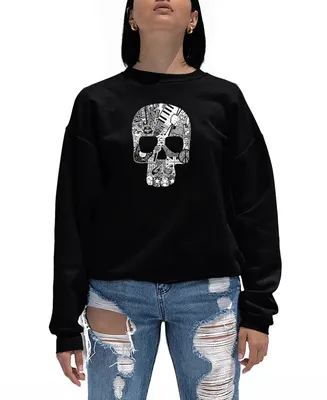La Pop Art Women's Rock and Roll Skull Word Crewneck Sweatshirt