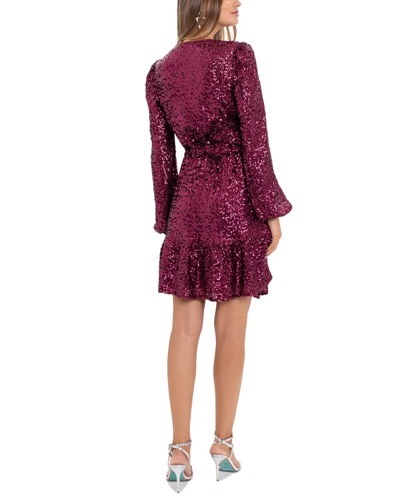 Betsy & Adam Women's Sequin Belted Long-Sleeve Dress