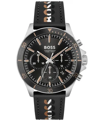 Boss Men Troper Quartz Fashion Chrono Black Leather Watch 45mm