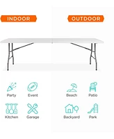 Sugift 8 ft. White Fold-in-Half Steel Outdoor Picnic Folding Table