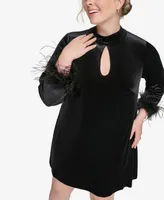 Eliza J Plus Size Velvet Feather-Sleeve Mini Dress