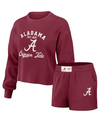 Women's Wear by Erin Andrews Crimson Alabama Crimson Tide Waffle Knit Long Sleeve T-shirt and Shorts Lounge Set