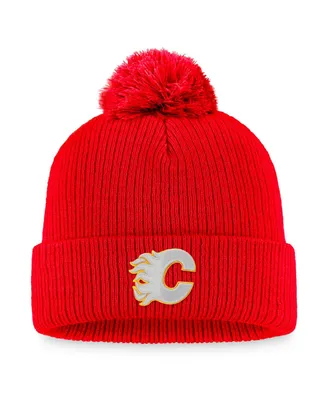 Men's Fanatics Red Calgary Flames Core Primary Logo Cuffed Knit Hat with Pom