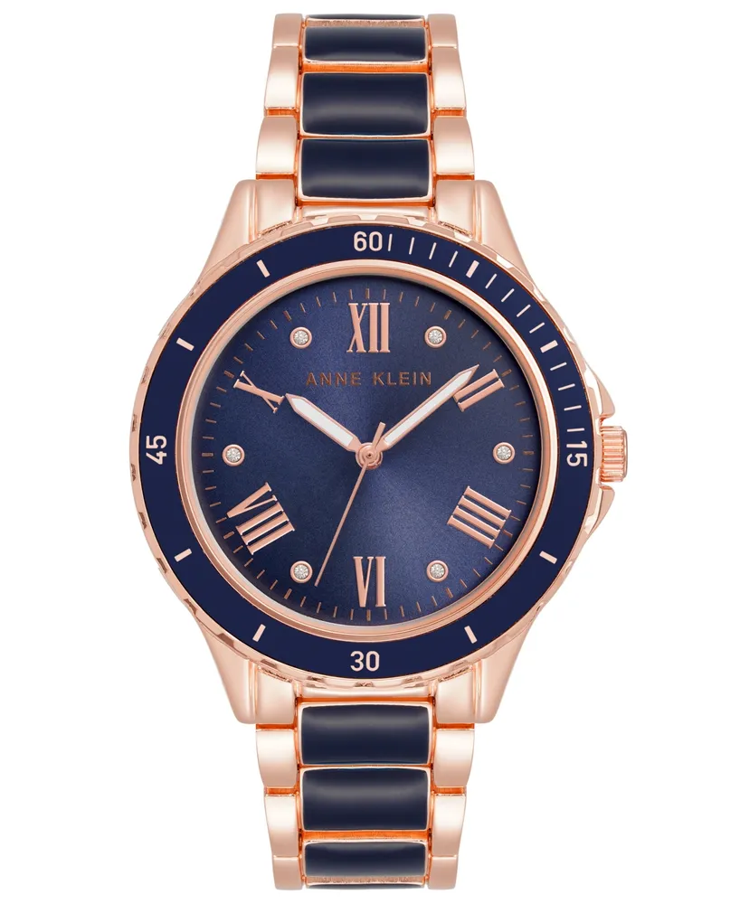 Anne Klein Women's Three Hand Quartz Navy Enamel and Rose Gold-tone Alloy Bracelet Watch, 38mm - Navy-Rose Gold