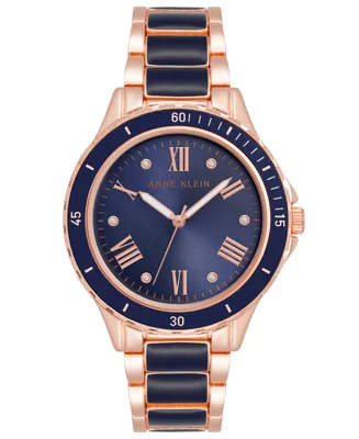 Anne Klein Women's Three Hand Quartz Navy Enamel and Rose Gold-tone Alloy Bracelet Watch, 38mm