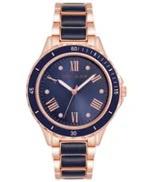 Anne Klein Women's Three Hand Quartz Navy Enamel and Rose Gold-tone Alloy Bracelet Watch, 38mm - Navy-Rose Gold