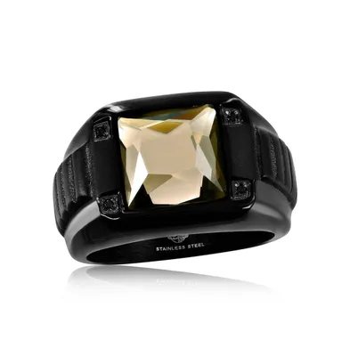 Stainless Steel Square Black Cz Ring - Gray Spinel