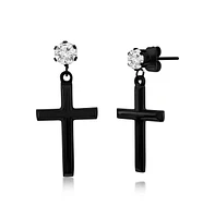 Stainless Steel Polished Cross & Cz Earrings