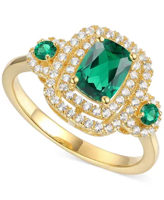 Lab-Grown Emerald (7/8 ct. t.w.) & White Sapphire (1/3 Double Halo Three Stone Ring (Also Additional Gemstones)
