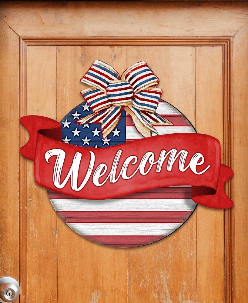 Designocracy Holiday Door Decor Wooden Welcome Sign American Flag Porch Wreath G. DeBrekht