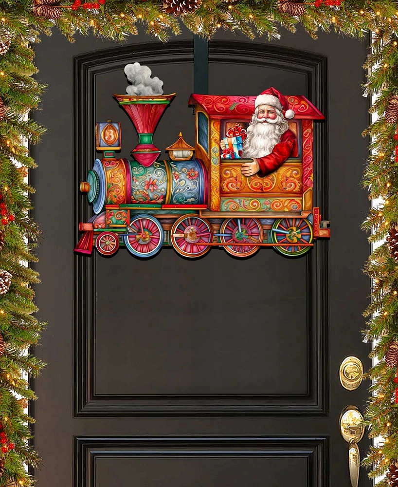 Designocracy Santa's Train Holiday Christmas Wooden Door Hanger Door Decor G. DeBrekht