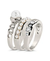 Sterling Forever Cubic Zirconia Genuine Shell Pearl Kimber Stacking 3 Piece Ring Set