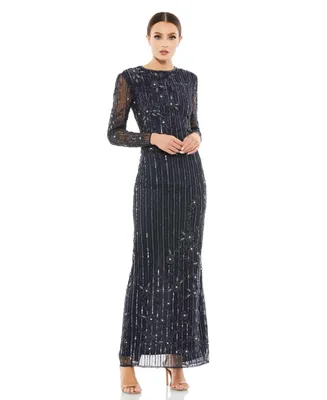 Mac Duggal Women's Embellished High Neck Illusion Long Sleeve Gown