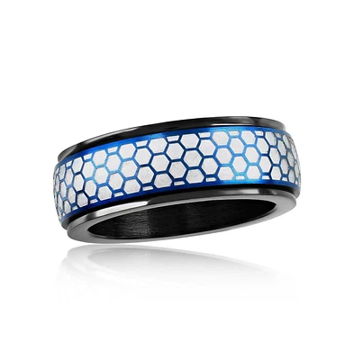Stainless Steel Honey Comb Design Spinner Ring - Blue & Silver