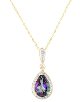 Mystic Topaz (3 ct. tw.) & Diamond (1/20 ct. tw.) Pear Halo Pendant Necklace in 14k Gold, 16"+ 2" extender