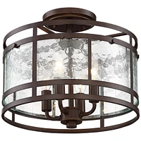 Franklin Iron Works ElWood Finish Rustic Industrial Ceiling Light Semi-Flush Mount Fixture Oil Rubbed Bronze 13 1/4" Wide Water Glass Drum for House B