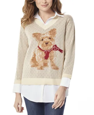 Jones New York Women's Dog Scarf Layered-Look V-Neck Sweater