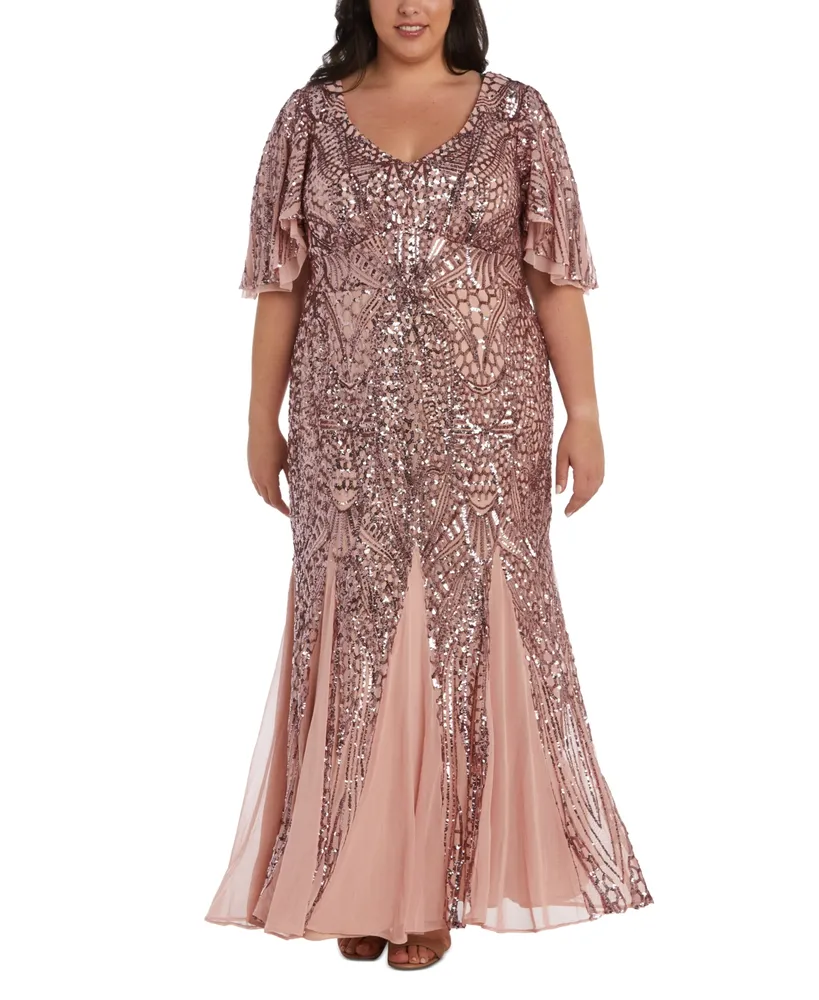 R&M Richards Plus Sequin Flutter-Sleeve Godet Gown