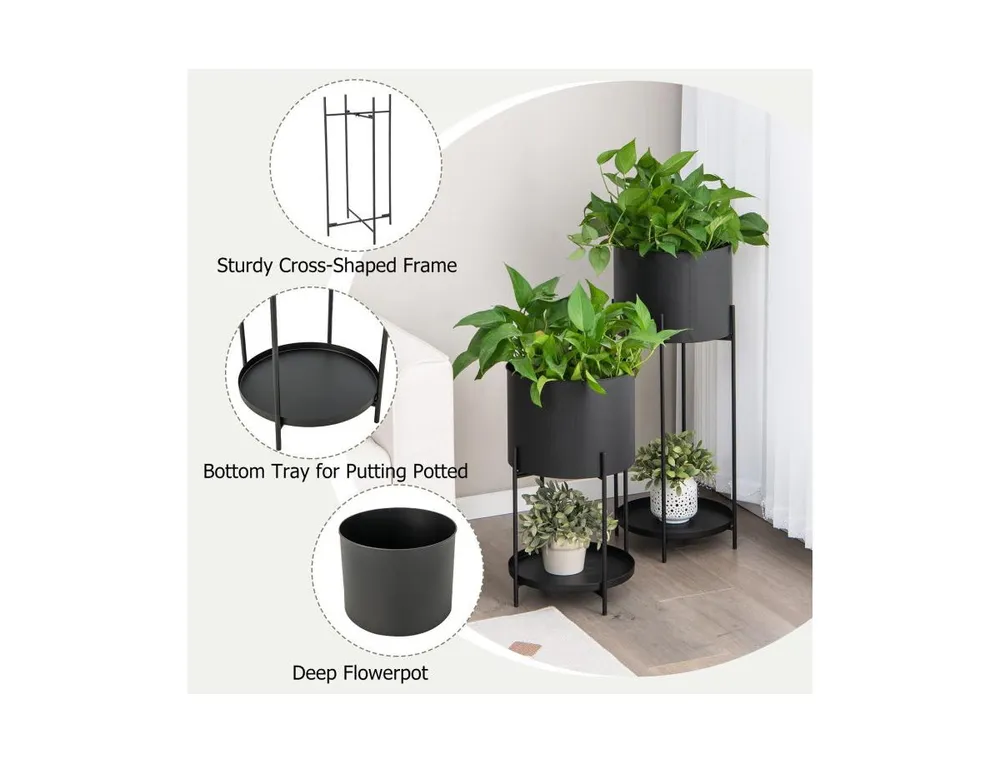 2 Metal Planter Pot Stands with Drainage Holes-Black