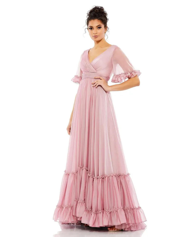 Mac Duggal Women's Butterfly Ruffle Trimmed Sleeve Wrap Over Flowy Gown