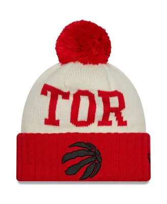 Men's New Era Red, Cream Toronto Raptors 2022 Nba Draft On The Court Cuffed Knit Hat with Pom