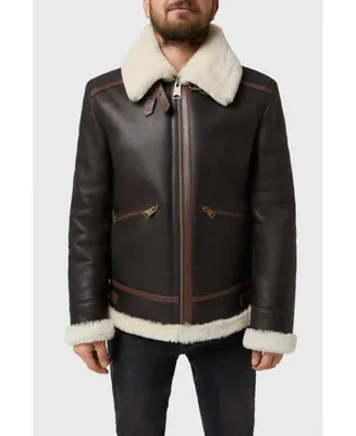 Men's Shearling Zipper Pockets Aviator Jacket, Silky Brown with Beige Wool