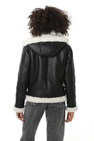 Furniq Uk Women's Detachable Hooded Shearling Jacket, Silky Black with White Wool