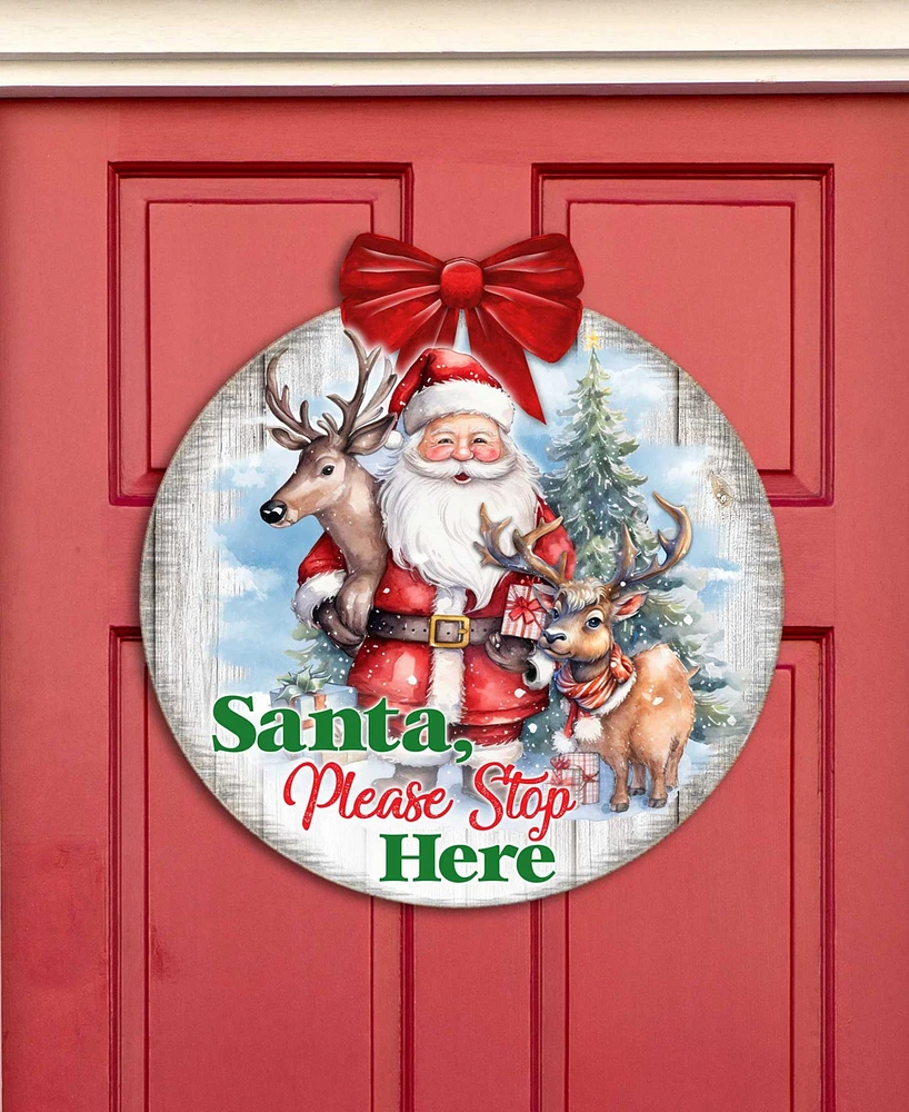 Designocracy Santa Please Stop Here Sign Christmas Door Decor Wood Welcome Sign G. DeBrekht