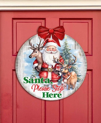 Designocracy Santa Please Stop Here Sign Christmas Door Decor Wood Welcome Sign G. DeBrekht