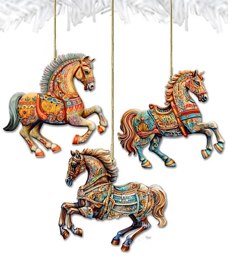 Designocracy Ornamental Horses Christmas Wooden Ornaments Holiday Decor Set of 3 G. DeBrekht