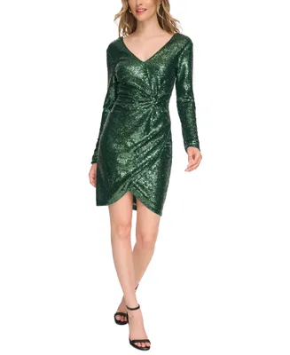 Guess Women's Sequined Twist-Front Long-Sleeve Dress