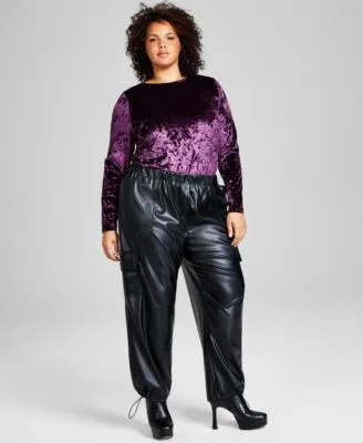 Now This Plus Size Velvet Crewneck Top Faux Leather Cargo Pants