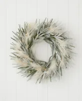 Seasonal Pine and Pampas 26" Pre-Lit Flocked Pe Wreath with 400 Tips,15 Pieces Pampas, 50 Led Lights with Battery Operated