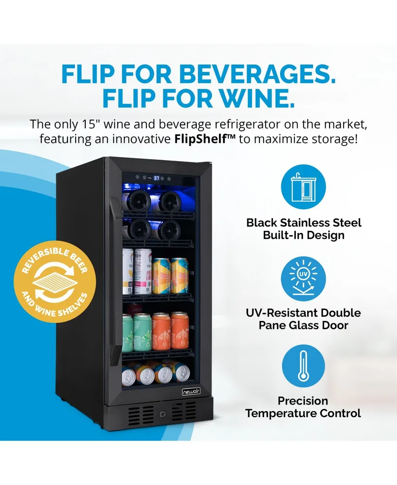 Newair 15" Flip Shelf Wine and Beverage Refrigerator, Reversible Shelves Hold 80 Cans or 33 Bottles
