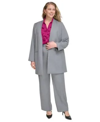 Calvin Klein Plus Size Collarless Open Front Pinstriped Blazer Ruffle Front Button Up Top Modern Fit High Rise Pinstriped Wide Leg Pants