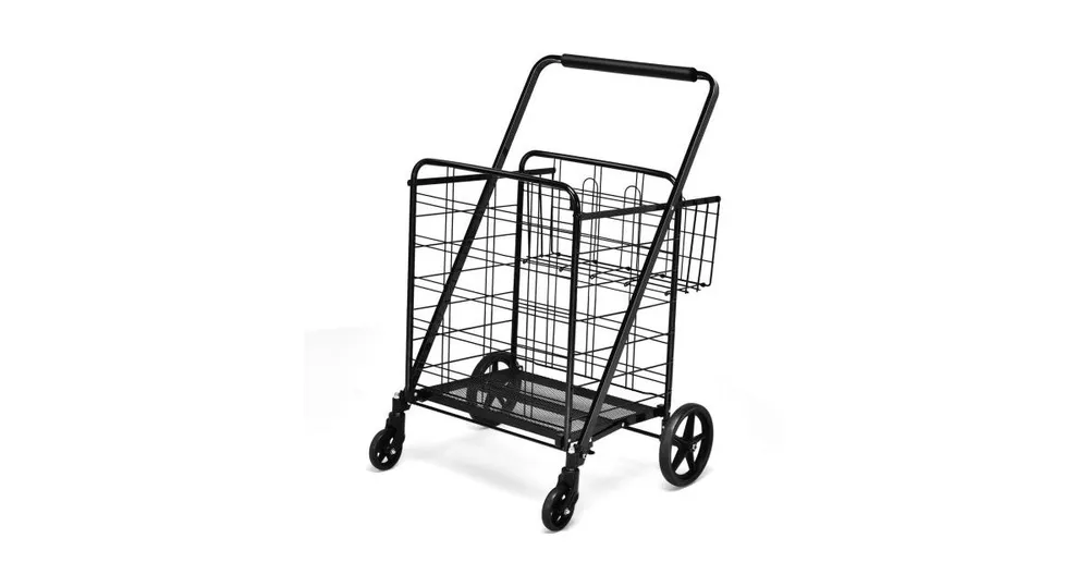 Heavy Duty Folding Utility Shopping Double Cart-Black