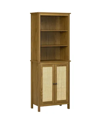 Homcom Rustic Bookshelf with Cabinet & Rattan, Tall Bookshelf Library, Wooden Bookcase with Doors and Shelves, Study Living Room Home Office, Walnut