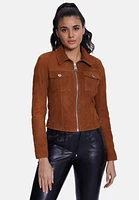 Furniq Uk Women's Denim Style Zipper Suede Jacket, Whiskey