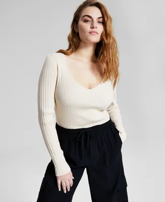 And Now This Women's V-Neck Ribbed Sweater-Knit Long-Sleeve Bodysuit, Created for Macy's
